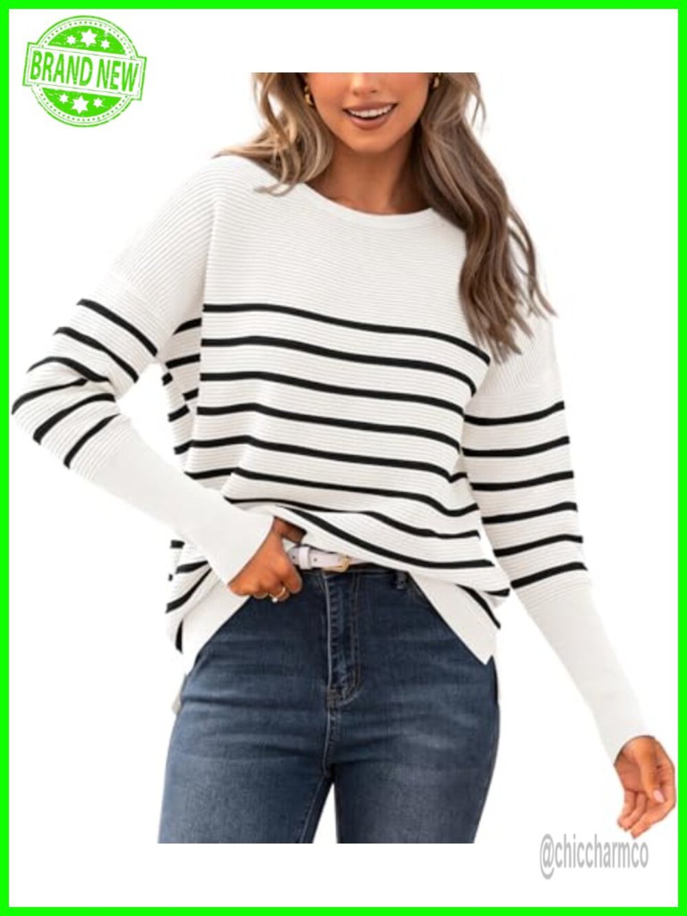 Casual Long Sleeve Ribbed Knit Pullover Sweater Women Loose Fit Crew Neck Top